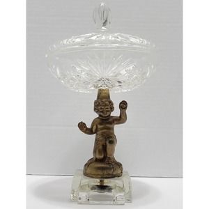 Vintage BrassBronze Crystal Cherub Pedestal Compote Candy Dish Nut bowl With Lid